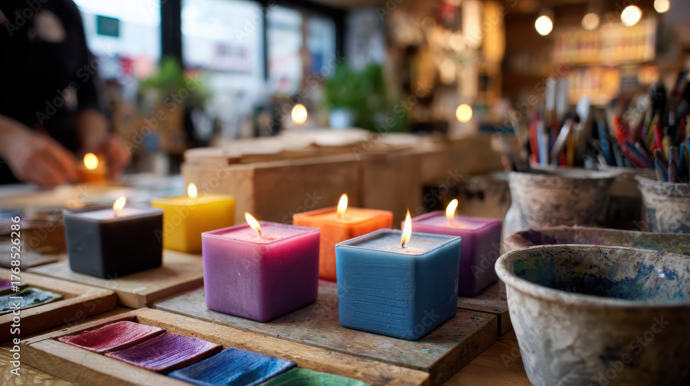 Fototapeta premium Vibrant candle making workshop showcasing colorful candles and creative tools, filled with artistic energy and inspiration