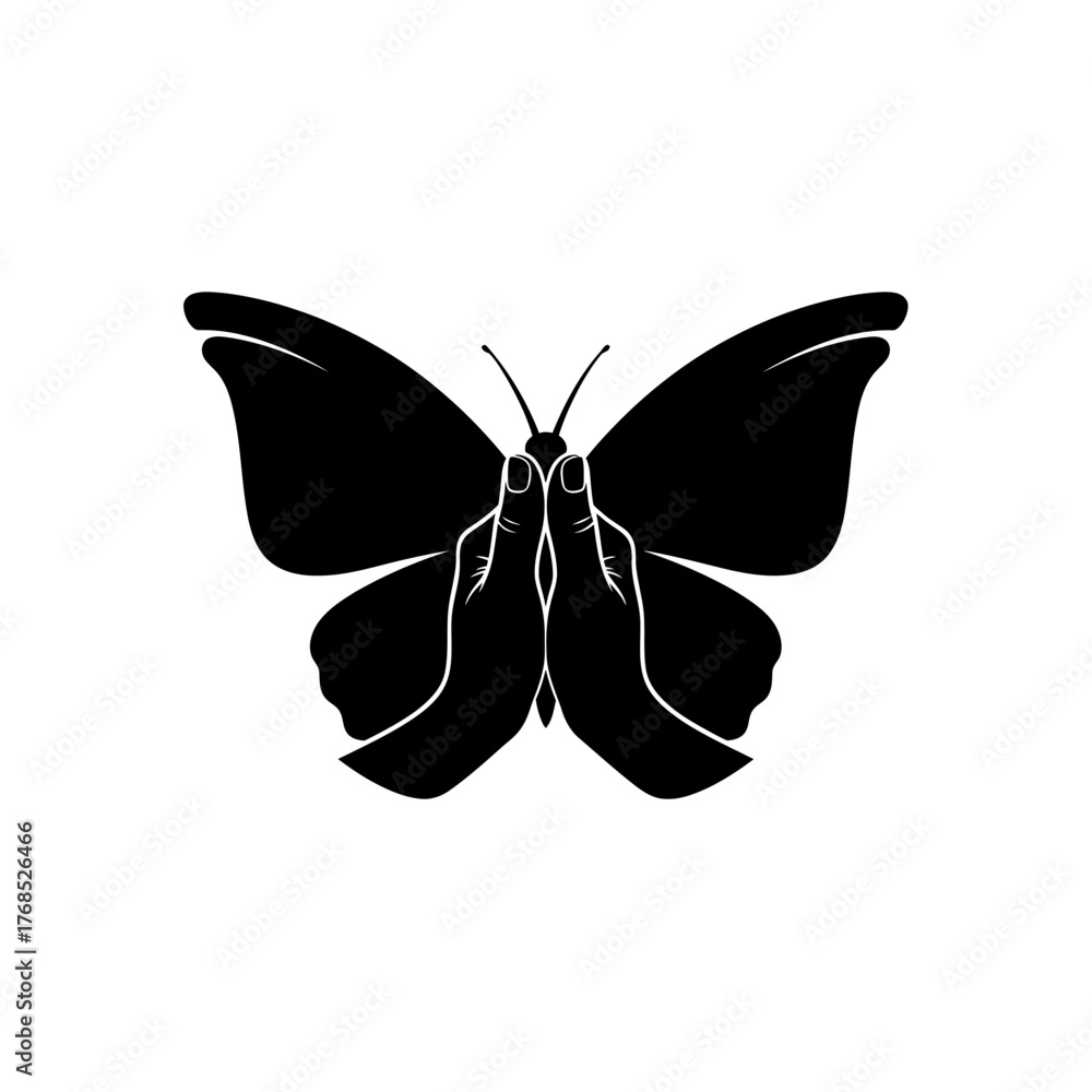 Fototapeta premium Abstract black icon of butterfly formed by symmetrical hands, creative minimalist vector design, modern artistic symbol, flat silhouette, conceptual nature art
