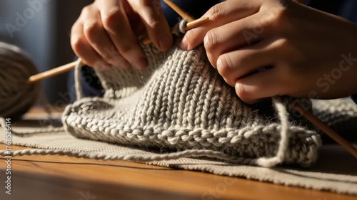 Knitting with soft wool yarn in warm sunlight — cozy handmade winter moment