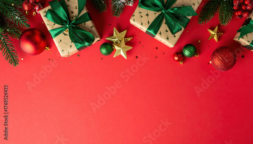 Christmas Eve concept. Top view photo of gift boxes with ribbon bows red green baubles gold star ornaments and pine branches on isolated red background with copyspace in the middle