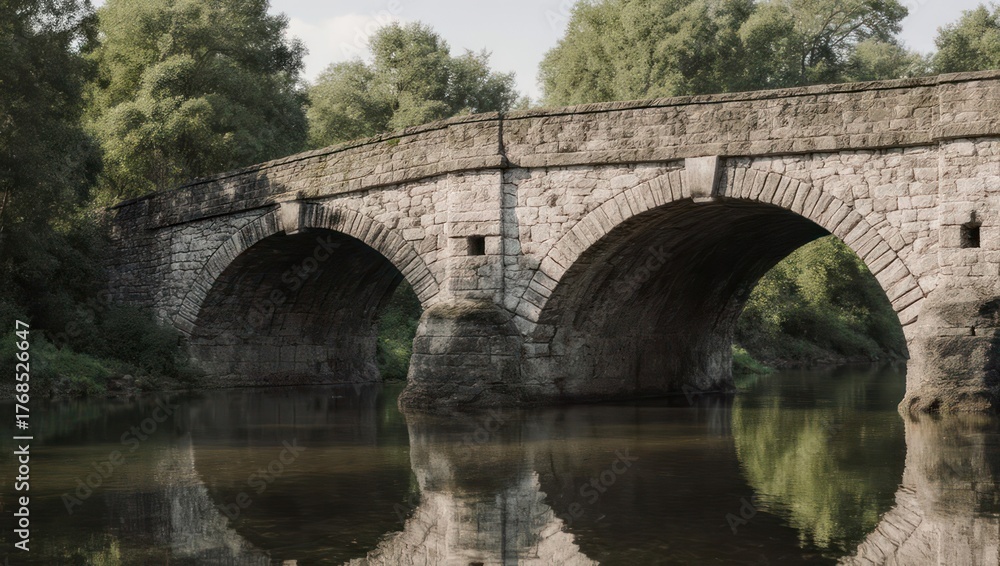 Fototapeta premium Ancient Stone Bridge Arching Over Calm River with Lush Green Trees Reflected in Water.