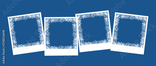 Snowflake photo frame set, snow Christmas New Year decoration, white frame with snowflakes inside, 2026, Happy New Year card border with many snowflakes. Merry christmas festival elegant snowflakes