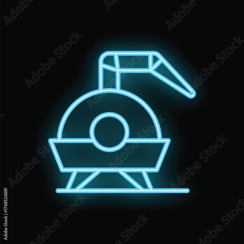 Blue neon icon of a lunar rover exploring the moon surface, representing space exploration and futuristic technology