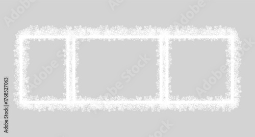Snowflake photo frame set, snow Christmas New Year decoration, white frame with snowflakes inside, 2026, Happy New Year card border with many snowflakes. Merry christmas festival elegant snowflakes
