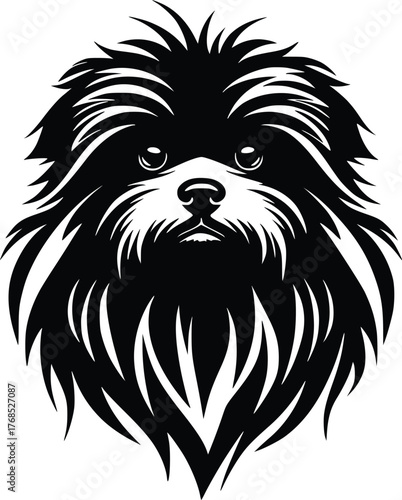 Puli dog head silhouette with corded coat, round eyes, and compact muzzle in black vector