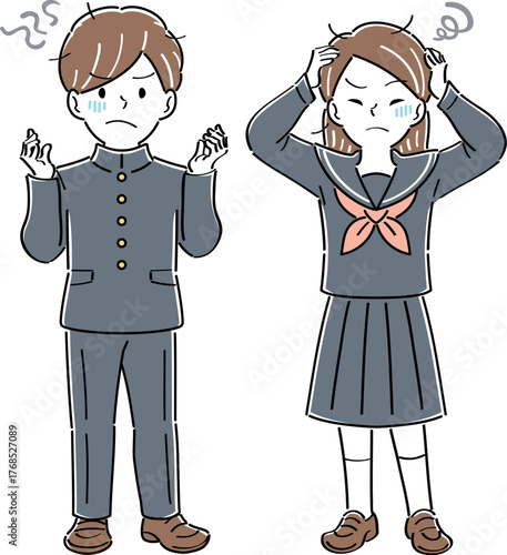 不安や悩みを抱える制服姿の男女の学生のイラスト　全身