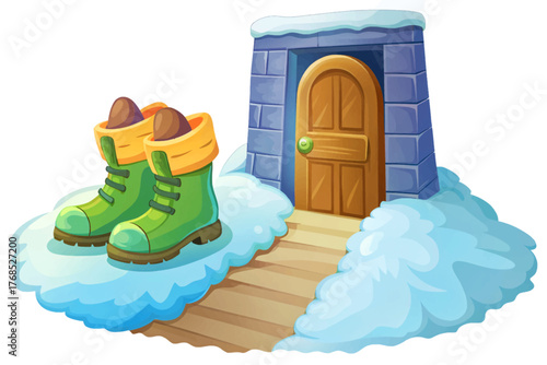 Pair of snow boots with gloves on snowy doorstep representing adventure and return from winter walk