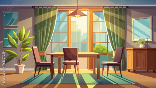 Realistic vector of dining room with sunlight through curtains, modern wooden table, minimal interior design, bright natural atmosphere, clean and elegant composition
