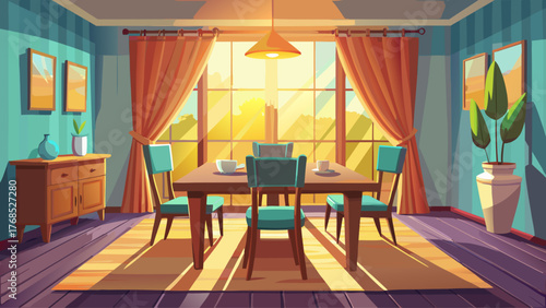 Realistic vector of dining room with sunlight through curtains, modern wooden table, minimal interior design, bright natural atmosphere, clean and elegant composition