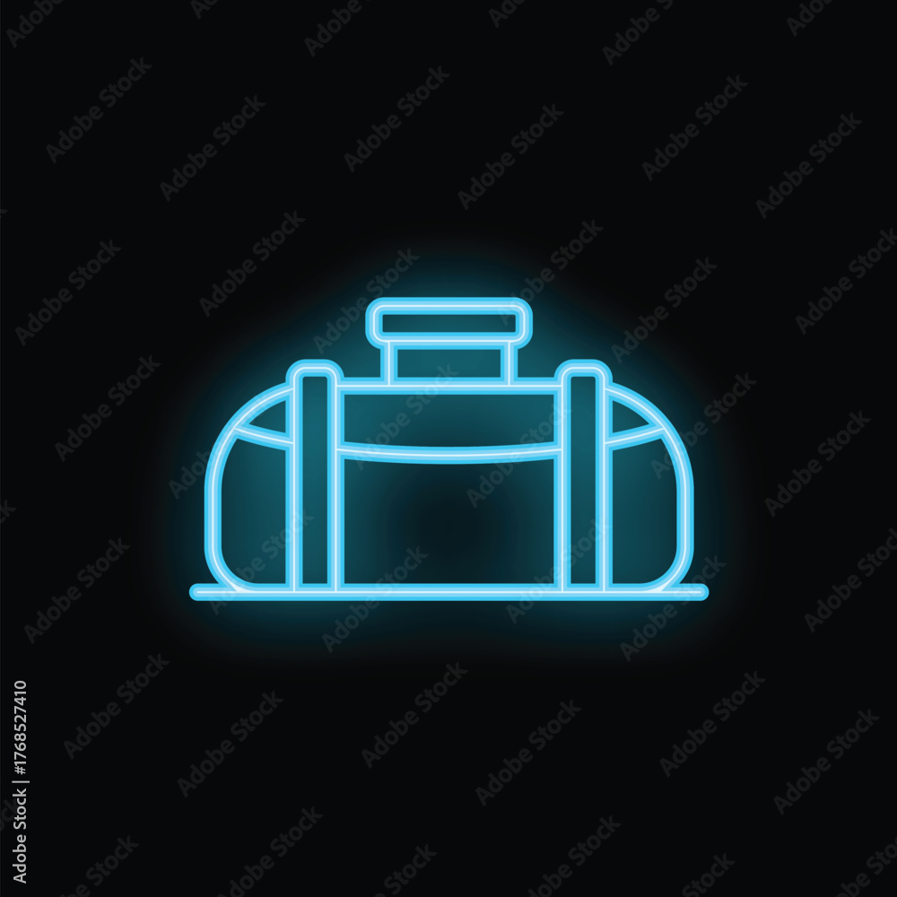 Obraz premium Neon blue travel bag icon is glowing against a black background