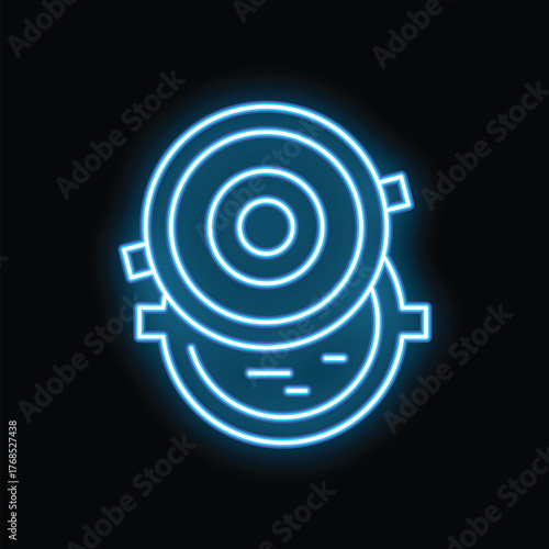 Blue neon icon of an open manhole cover glowing on a black background