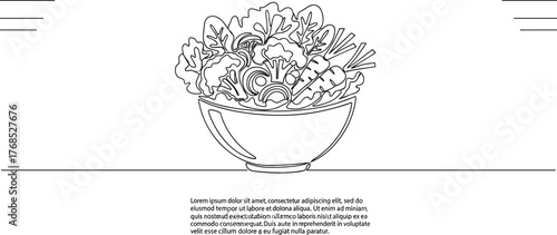 Line art food bowl, Asian salad sketch, healthy meal illustration, chopsticks in bowl, black and white vector, editable design