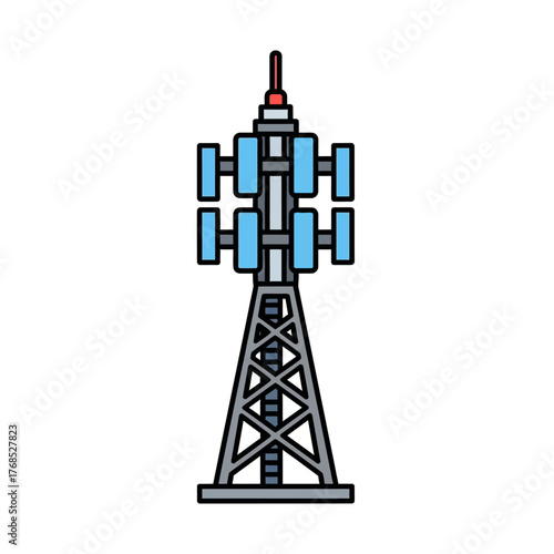 Illustration of a Telecommunications Tower with Antennas and Lattice Structure.