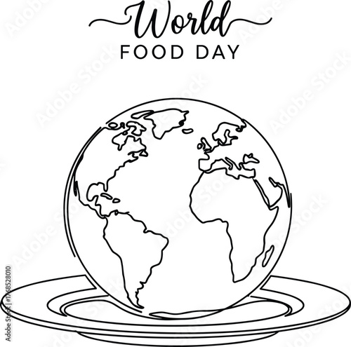 World Food Day illustration, globe on plate, global hunger awareness, food security concept, black and white vector, international nutrition symbol