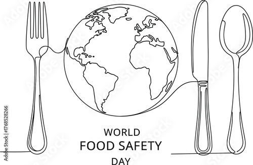 World Food Safety Day illustration, global food awareness, international health, safe eating concept, food hygiene, nutrition, fork knife spoon globe art
