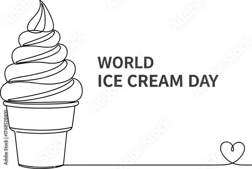World Ice Cream Day poster, soft serve sketch, dessert celebration art, black and white line drawing, editable vector design, minimal style