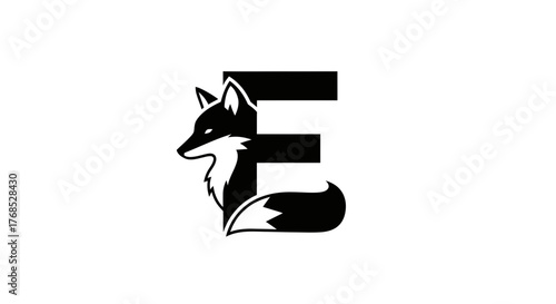 Black and white fox mascot integrated with capital letter E logo design flat illustration