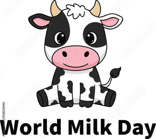 World Milk Day poster, cartoon cow illustration, dairy celebration art, cute farm animal design, editable vector layout, agriculture awareness