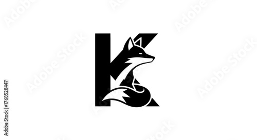 Black fox head and tail integrated with the letter K flat illustration