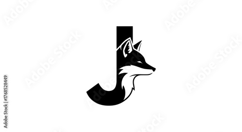 Black fox head design merged with the capital letter J flat illustration