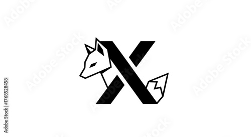 Black and white geometric fox logo concept overlapping the letter X flat illustration