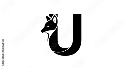 Black fox animal profile merged inside a bold capital letter U flat illustration