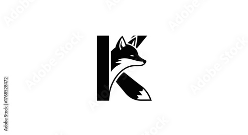 Black fox head integrated into capital letter K flat illustration
