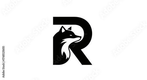 Black silhouette fox head logo embedded inside the capital letter R flat illustration