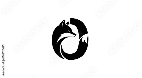 Black stylized fox curled into the letter O flat illustration