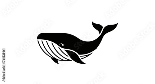 Black stylized whale symbol swimming on a white background flat illustration
