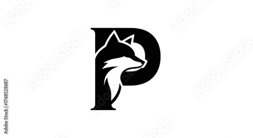 Fox head integrated with letter P black logo flat illustration