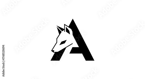 Geometric black fox head logo combined with letter A flat illustration
