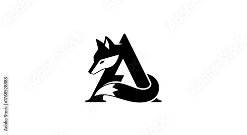 Monochromatic fox and capital letter A initial logo design flat illustration