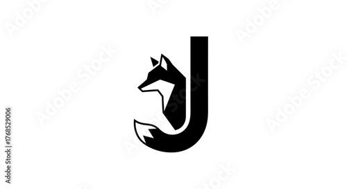 Stylized black fox and letter J monogram logo flat illustration