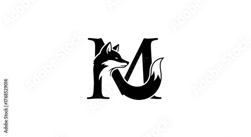 Stylized black fox combined with the serif capital letter M flat illustration
