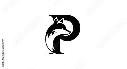 Stylized black fox head merged with capital letter P flat illustration