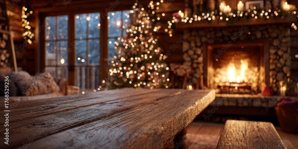 Obraz premium Cozy Winter Scene with Wooden Table, Christmas Tree, and Warm Fire in a Rustic Cabin Setting with Festive Lights