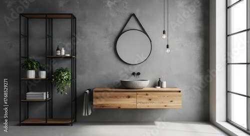Modern bathroom with concrete walls, wooden vanity, and a round mirror