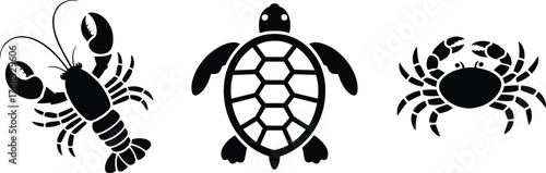 Marine silhouette, aquatic animals, lobster claws, turtle shell, crab legs, ocean life, black shapes, sea creatures, underwater icons, minimal art, marine biology