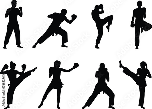 Martial arts silhouette icons, kicking and punching poses, black vector graphics, fighter stances, minimal design, combat training, karate, Muay Thai, kickboxing, fitness