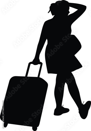 Traveler silhouette, walking pose, rolling suitcase, journey motion, travel vector, black graphic, tourism concept, adventure scene, commuter design, exploration momentTraveler silhouette