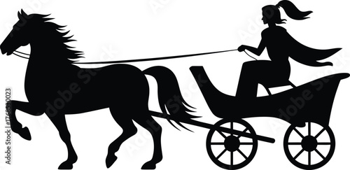 Black Vector Silhouette Icon of a Woman Driving a Horse-Drawn Chariot Carriage, Mythological or Ancient Transportation Symbol for Fantasy, Racing, or History Design