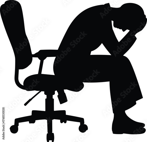 Office stress silhouette, workplace fatigue, mental burden, seated posture, ergonomic chair, black shape, emotional tension, business pressure, burnout icon, contemplative figure, corporate distress