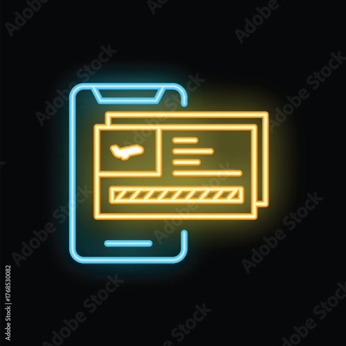 Neon icon representing the concept of online reservation of plane tickets using a smartphone application
