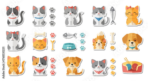 Adorable Flat Design Pet Stickers Collection Featuring Playful Cats and Dogs with Charming Accessories for Animal Lovers and Pet Owners