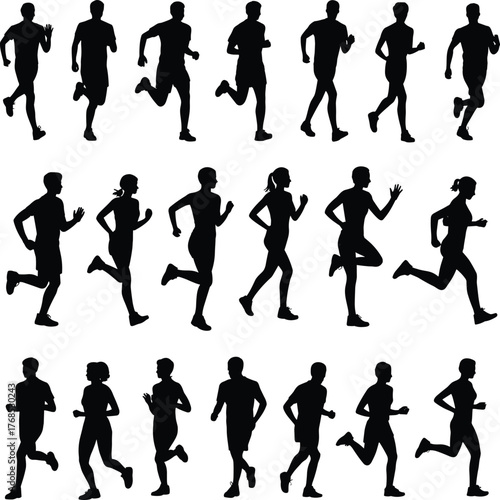 Running silhouette icons, human motion poses, black vector graphics, athlete movement, sports training, minimal design, fitness, jogging, sprinting, biomechanics, exercise