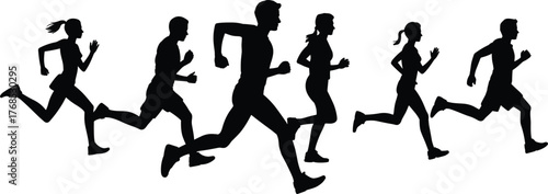 Running silhouette set, athletic motion illustration, black vector design, fitness activity chart, male and female runners, sports movement reference, race icons