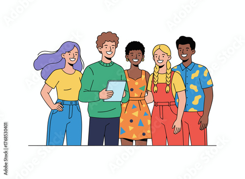 Joyful friends enjoy a video together, a group of young smiling men and women in fashionable attire gazing at a tablet PC screen, depicted in a bright, modern flat cartoon vector illustration