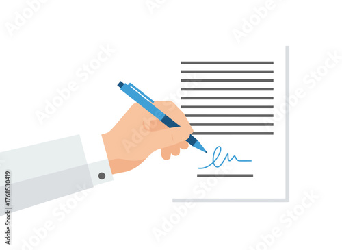 Flat vector illustration of a human hand signing a notary document with a pen, showing a cartoon person's arm confirming an official paper page with a signature, isolated, verifying an agreement