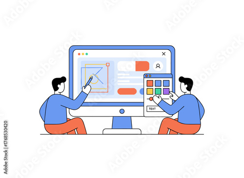A humorous pair of young men and women sketching with a pen in a graphic editor, cute digital designers or illustrators collaborating on a large computer screen, depicted in a flat, colorful vector